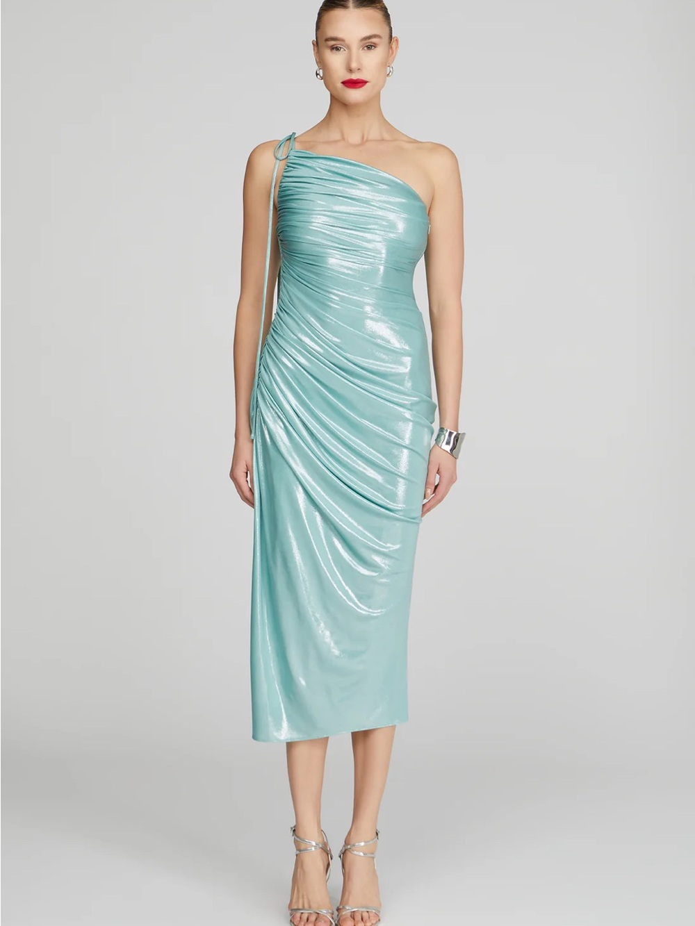 Halston Heritage Mona One-Shoulder Shimmer Aqua Midi Dress